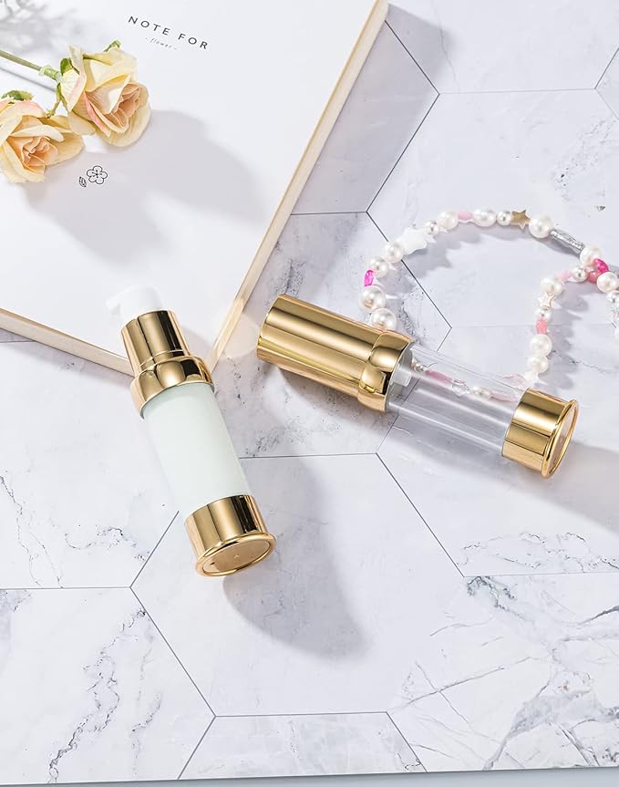 Gold 15ML 0.5 oz Airless pump bottle Toiletries Travel Size containers airport essentials Dispenser with Box Reusable mini lotion plastic travel bottles 4 Packs