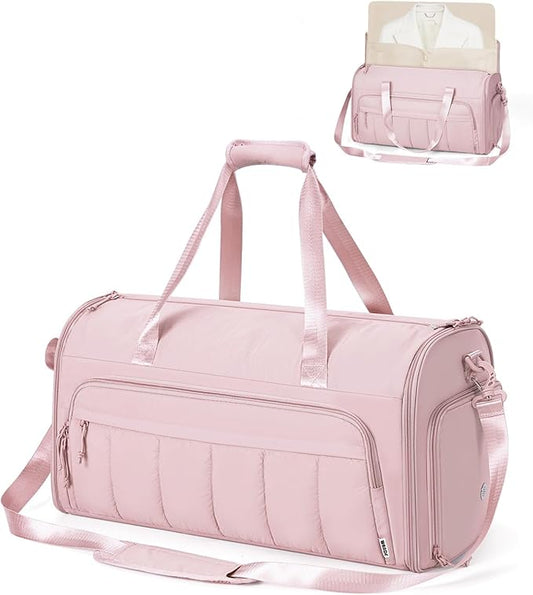 WANDF Convertible Garment Bags for Travel with Wet Pocket Carry on Garment Duffle Bag 2 in 1 Puffy Hanging Clothes Travel Bags with Shoe Compartment for Airplanes Business Weekend Gym Wedding (Pink)