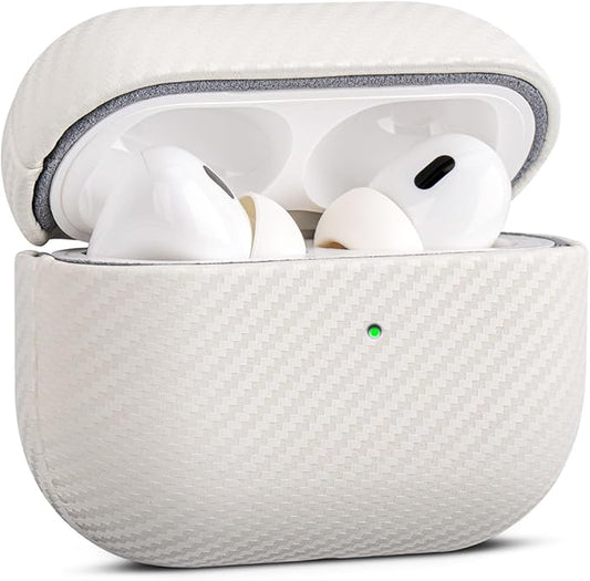 Leather Case - for AirPods Pro 2 Case Cover - Selected Skin-Friendly Leather, Carbon Fibre Texture, Handmade Drop Protective Hard Cover for AirPods Pro 2nd Generation Earbuds - White