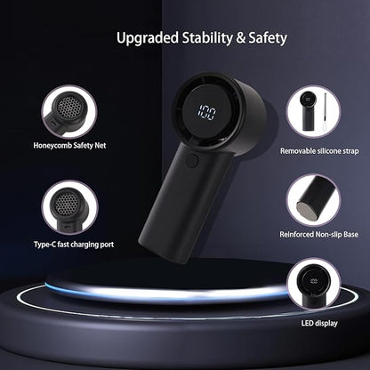 2025 Upgraded Portable Handheld Turbo Fan with 20-Hour Battery - Rechargeable Mini Fan with Digital Display, Anti-Slip Base, 5000mAh Capacity - Personal Fans for Travel, Vacation, Beach(Black)