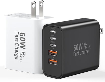 USB C Fast Charger Block, 60W 5-Port USB C Wall Charging Blocks, Type C Charger Fast Charging Brick, 3USB C+2USB A PD&QC3.0 Multiport Charger Plug for iPhone 17/16/15/14/13 Pro Max, Pad, White+Black
