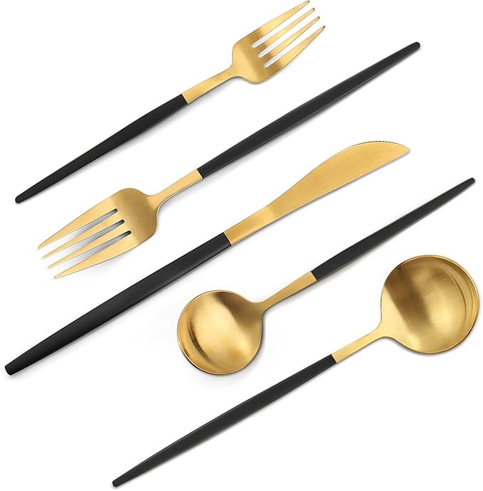 Matte Black Gold Silverware Set, 20-Piece Stainless Steel Flatware Set, Satin Finish tableware Cutlery Set, Service for 4, Home and Restaurant, Dishwasher Safe