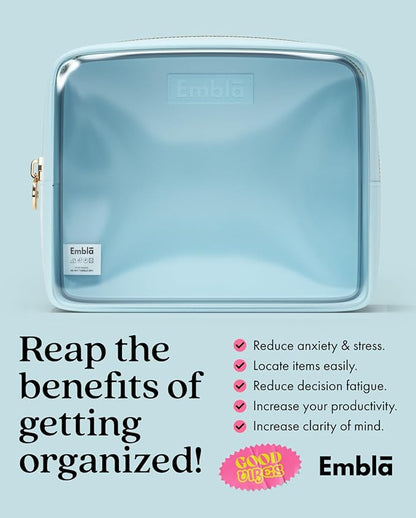 Embla London Makeup Bag Cosmetic Case, Clear Zipper Make Up Pouch and Toiletry Travel Tote, Cute Skincare Pouches for Women Girls, Preppy Purse Cosmetic Organizer, Large Makeup Bags, Sky Blue