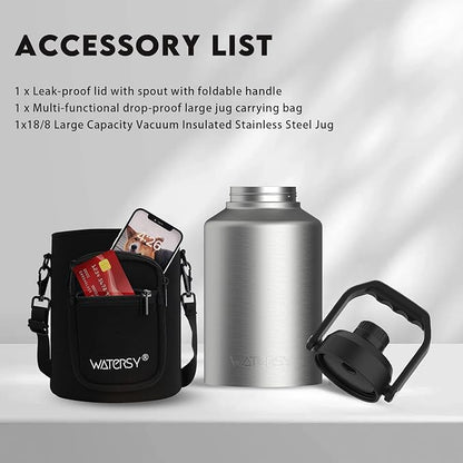 WATERSY 1 Gallon Water Bottle Insulated(Cold for 48 Hrs),BPA Free&Leak Proof,128oz Stainless Steel Water Jug,Big thermo,Large Water Bottle with Handle for Gym,Hiking,Camping&Travel,Stainless