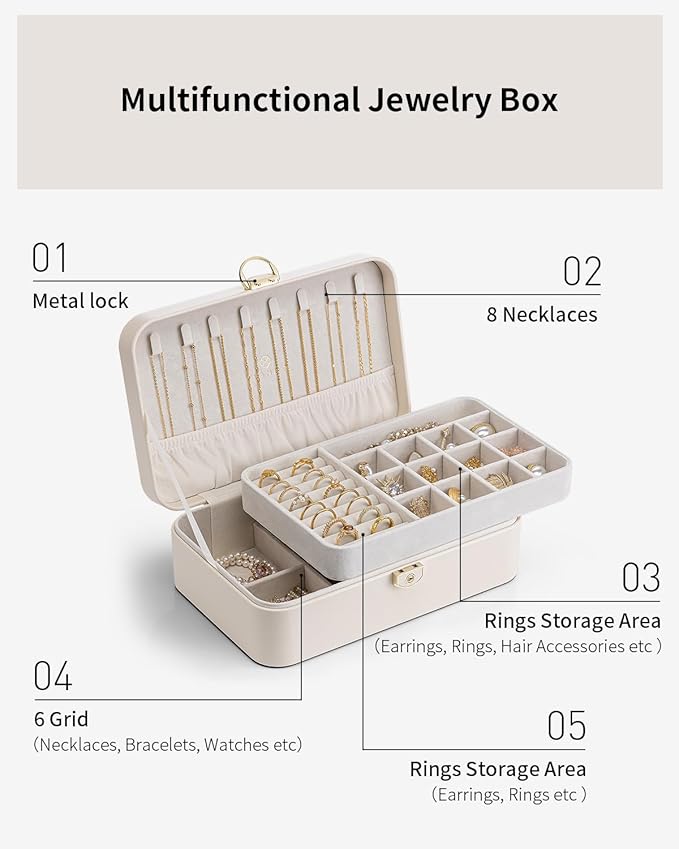 Vlando Jewelry Box Organizer for Women Girls, 2 Layer Jewelry Case with Lock,Jewelry Storage Earrings Necklace,Rings,Gift for Teachers Wedding Birthday Gifts-Cream White
