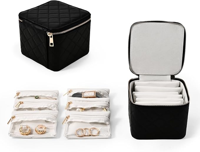 Travel Jewelry Box Organizer - Small Jewelry Case with 6 Small Velvet Zipped Pouches Pockets for Jewelry Necklaces Rings Earrings Storage(Black)