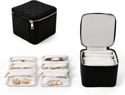 Travel Jewelry Box Organizer - Small Jewelry Case with 6 Small Velvet Zipped Pouches Pockets for Jewelry Necklaces Rings Earrings Storage(Black)