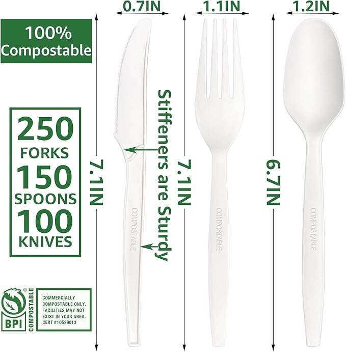 MISISIPI Compostable Forks Spoons Knives Silverware Utensil set Extra Heavyduty Eco-friendly BPI Certified Disposable Plastic free Utensils Cutlery Set Flatware Tableware (Cutlery Set-500)
