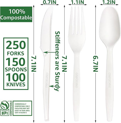 MISISIPI Compostable Forks Spoons Knives Silverware Utensil set Extra Heavyduty Eco-friendly BPI Certified Disposable Plastic free Utensils Cutlery Set Flatware Tableware (Cutlery Set-500)