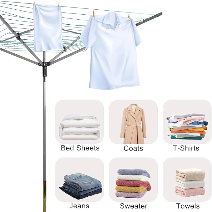 Umbrella Drying Rack Outdoor Umbrella Clothesline Rotary Retractable Clothes Line Adjustable Height 4 Arms Heavy Duty Clothesline Drying Rack 12 Lines with 165 Feet Clothes Line for Backyard