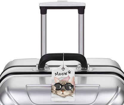 2 Pack Cute Cat Luggage Tags for Kids Girls Women Travel Funny Animal with Sunglasses Print on PU Leather Bag Tags Accessories Privacy Cover ID Label with Stainless Steel Loop for Backpack Suitcase