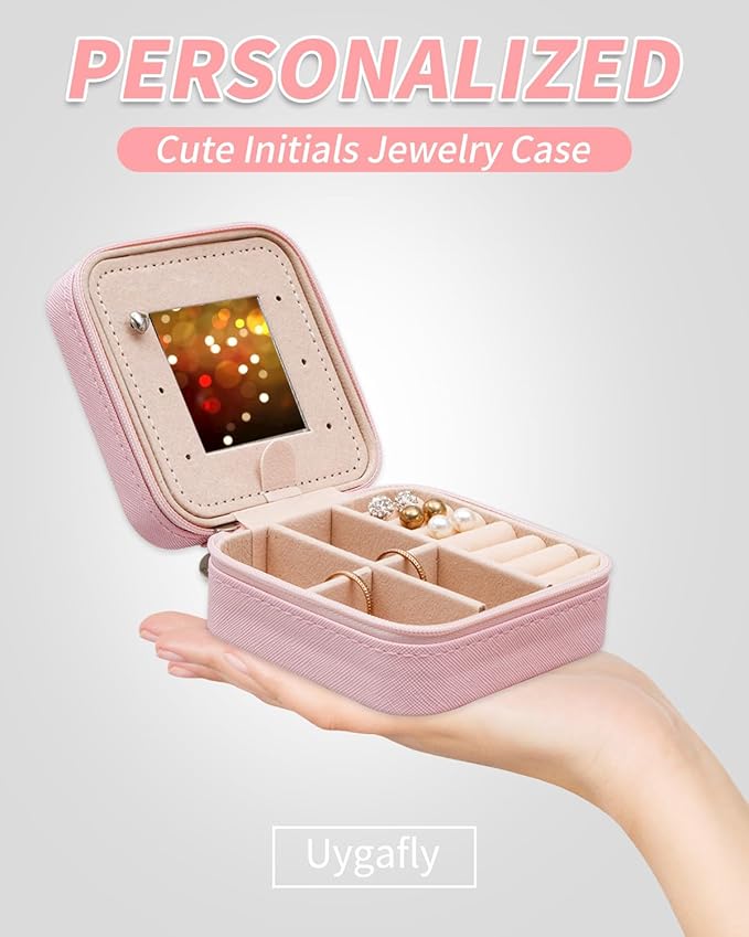 Personalized Jewelry Case for Women Girls - Fashion Mini Jewelry Boxes - Trendy Travel Jewelry Organizer with Initials Letter - Teen Gifts | Pink,N