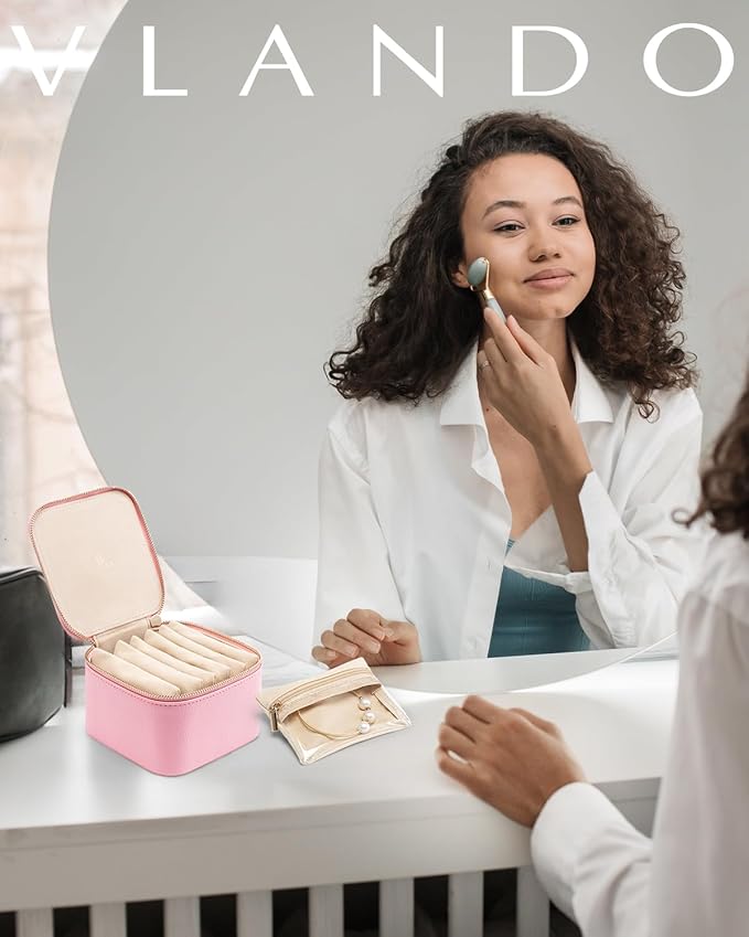 Vlando Travel Jewelry Case,PU Leather Jewelry Storage Organizer Case with 6 pcs Jewelry Bag,Christmas Wedding Birthday Gift Ideas for Women Bride Girls Pale Pink