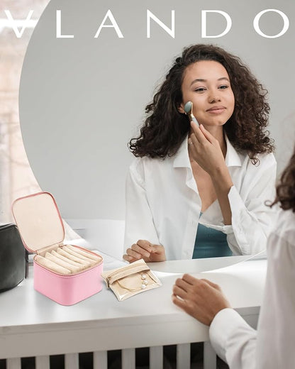 Vlando Travel Jewelry Case,PU Leather Jewelry Storage Organizer Case with 6 pcs Jewelry Bag,Christmas Wedding Birthday Gift Ideas for Women Bride Girls Pale Pink