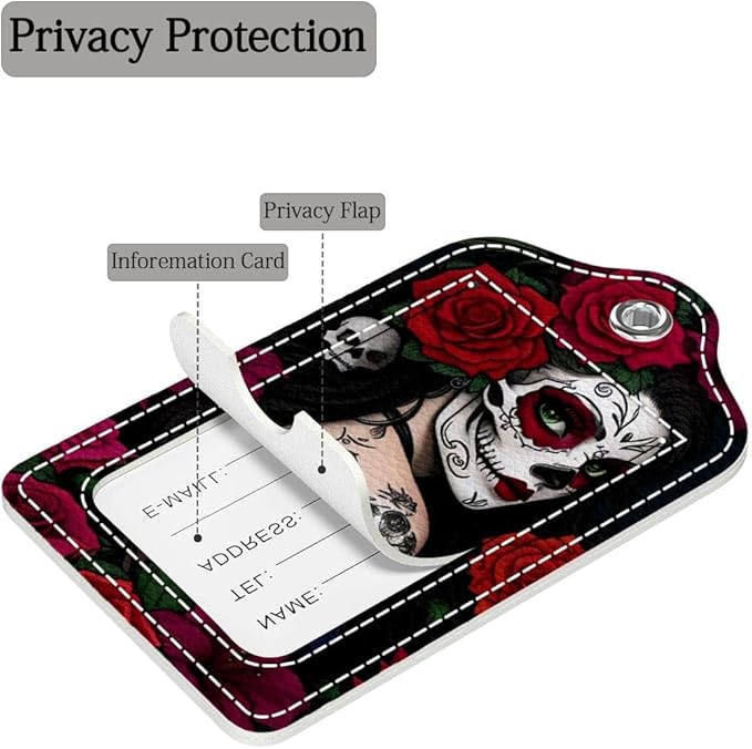 Funny PU Leather Luggage Tags 2-Pack Lady Rose Skull Cute Pattern Suitable for Suitcase Stainless Steel Loop and Address Card Essential for Cruise and Airport Travel for Men and Women