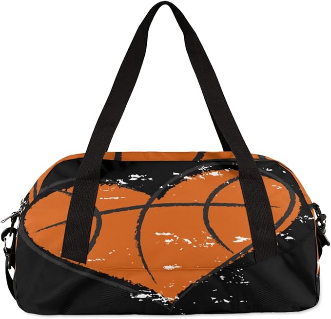Heart Shape Basketball Sports Pattern Gym Duffle Bag for Kids,Sports Bag for Teens Boys & Girls Small Waterproof Overnight Weekender Carry School Practice Travel Bag