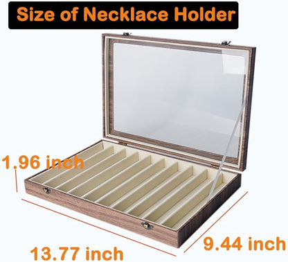 MIOINEY Glass Lid Necklace Organizer Box Transparent Necklace Holder Organizer Velvet Necklace Display Box Clear Lid Jewelry Storage Stackable Necklace Display Case for Women Girls (Style C)