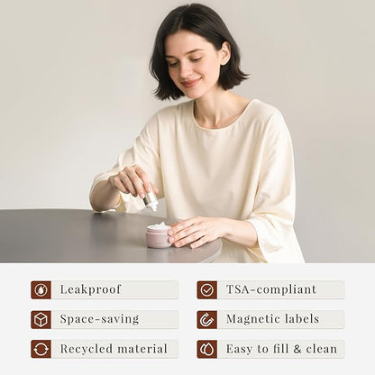 New Travel Toiletry Containers [Ultra Leakproof] TSA-Approved, PLA Hard Shell Jars with 5 Magnetic Labels, Wide Mouth Bottles for Lotion, Cleanser, Shampoo, Conditioner, Pink, 3 Pack, 1OZ