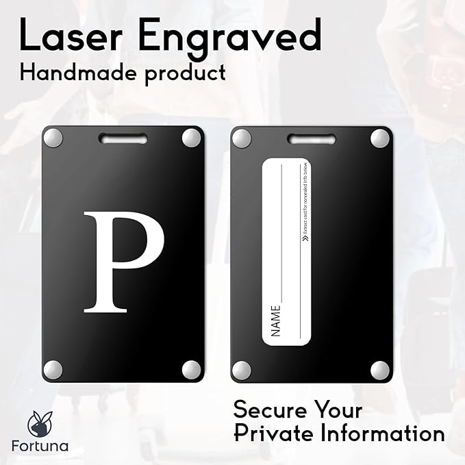 Premium 3-Layer Aluminum Luggage Tags by Fortuna - Easy to Claim, Laser-Engraved, Plastic-Free, and Eco-Friendly Luggage Tag Holders, 2-Pack, Black (P)