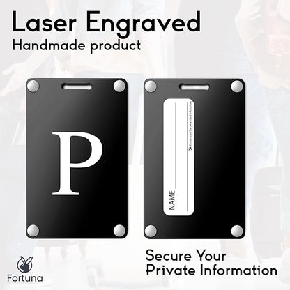 Premium 3-Layer Aluminum Luggage Tags by Fortuna - Easy to Claim, Laser-Engraved, Plastic-Free, and Eco-Friendly Luggage Tag Holders, 2-Pack, Black (P)