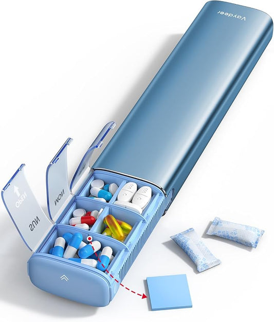 VAYDEER Metal Weekly Pill Organizer – Moisture-Proof Travel Pill Organizer with Built-in Desiccant Chamber and Airtight Lids – Large-Capacity Pill Box for Vitamins, Medicines & Supplements (Blue)