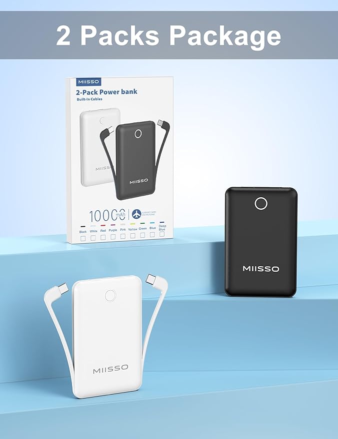 10000mAh Compatible with iPhone 15/16/17 and Android, Slim Portable Charger with Built in Cable, Power Bank Travel Charger External Battery Pack for Phone, 3 Output USB Type C, 2 Pack Black & White