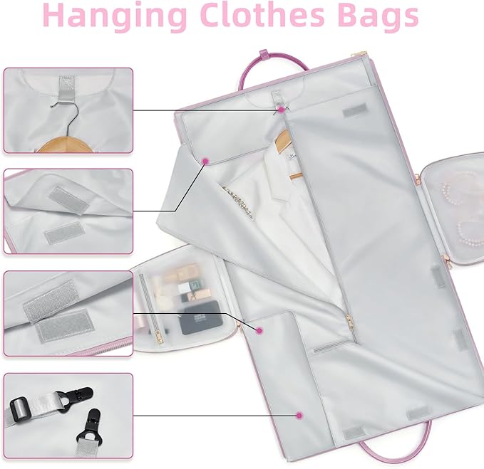 Garment Bags for Travel, 2-in-1 Convertible Travel Garment Duffle Bag for Women, Foldable Carry On Garment Bag with Shoe Compartment & Toiletry Pocket, PU Leather Weekender Bag, Pink-White