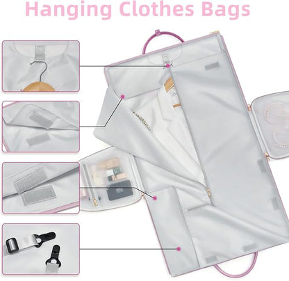 Garment Bags for Travel, 2-in-1 Convertible Travel Garment Duffle Bag for Women, Foldable Carry On Garment Bag with Shoe Compartment & Toiletry Pocket, PU Leather Weekender Bag, Pink-White