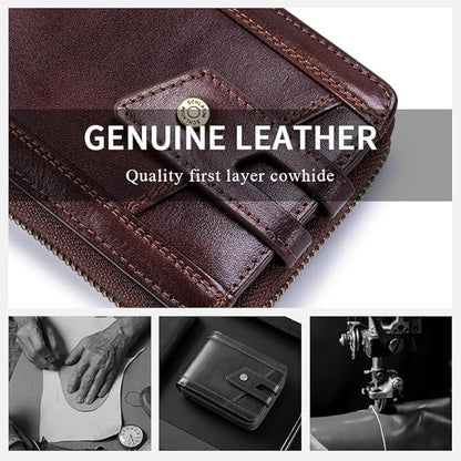 Genuine Leather Men's Wallet with Zipper Vintage RFID Blocking Large Capacity Wallet for Men with 11 Credit Card Slots and 1 ID Window (Coffee)