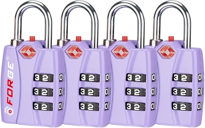 Forge Luggage Locks TSA Approved 4 Pack Purple, Small Combination Lock with Zinc Alloy Body, Open Alert, Easy Read Dials, for Travel Suitcase, Bag, Backpack, Lockers.