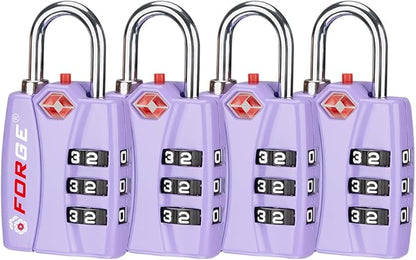 Forge Luggage Locks TSA Approved 4 Pack Purple, Small Combination Lock with Zinc Alloy Body, Open Alert, Easy Read Dials, for Travel Suitcase, Bag, Backpack, Lockers.