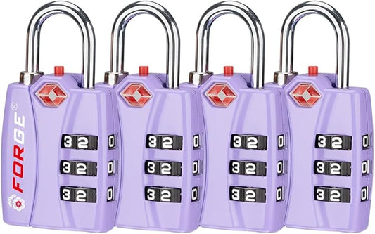 Forge Luggage Locks TSA Approved 4 Pack Purple, Small Combination Lock with Zinc Alloy Body, Open Alert, Easy Read Dials, for Travel Suitcase, Bag, Backpack, Lockers.