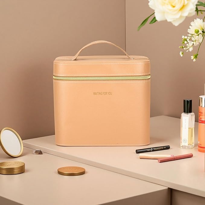 Luxury makeup box, Portable leather hard cosmetic case with mirror, cosmetic case organizer,Professional train case for women adults. (Yellow)