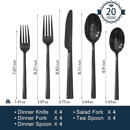 KINGSTONE Black Silverware Set, 20-Piece Forged Flatware Set Cutlery Set Premium Stainless Steel, Service for 4, for Kitchen, Home, Wedding, Party, Mirror Polished and Dishwasher Safe