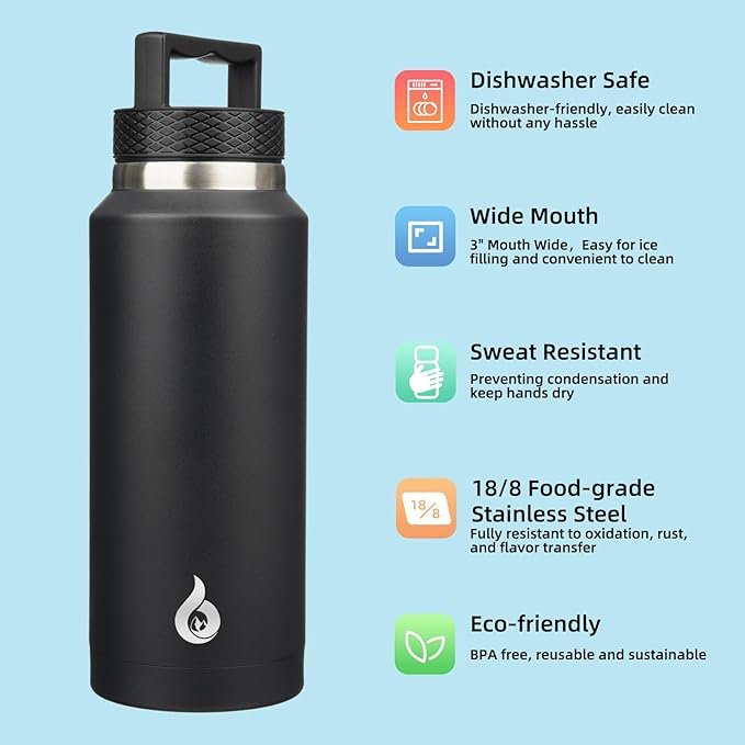 BJPKPK Insulated Water Bottles, Dishwasher Safe 36 oz Water Bottle with Handle, Leakproof BPA Free Thermal Flasks, Stainless Steel Jug for Sports, Black