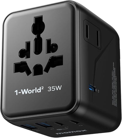 MOMAX 7-in-1 Universal Travel Adapter, 3 USB-C PD & 2 USB-A QC, 2AC, All-in-one European Travel Plug Adapter, International Power Adapter for Travel UK EU AUS JP, Travel Essentials