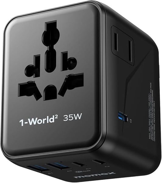 MOMAX 7-in-1 Universal Travel Adapter, 3 USB-C PD & 2 USB-A QC, 2AC, All-in-one European Travel Plug Adapter, International Power Adapter for Travel UK EU AUS JP, Travel Essentials