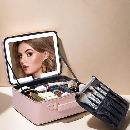 Makeup Bag with LED Mirror, Portable Makeup Artist Organizer Case with Lighted Mirror, Travel Makeup Bag for Women Cosmetic Brush Holder Storage, Pink Makeup Gift for Girls