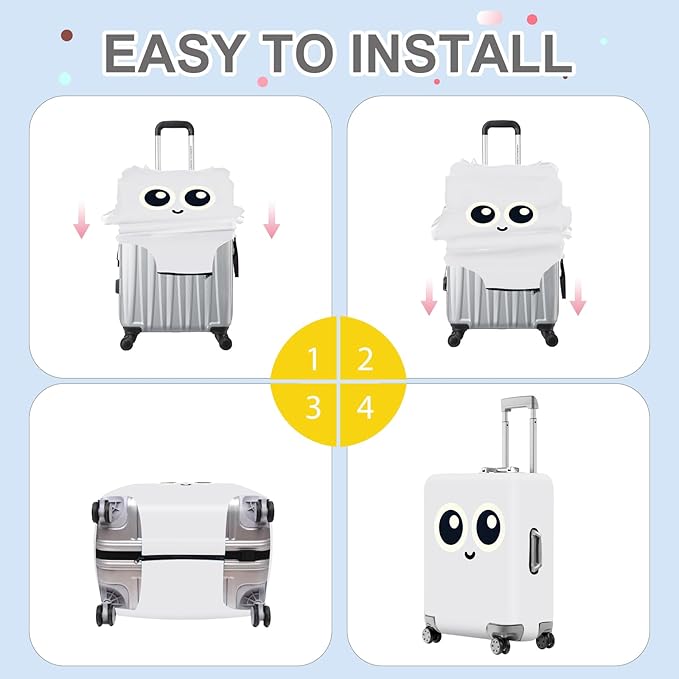 ANNA QUEEN Cute Smiley Face Luggage Cover, White Cartoon Suitcase Protector with Big Eyes Design, Stretchable, Washable Travel Cover for 24-26 Inch Luggage