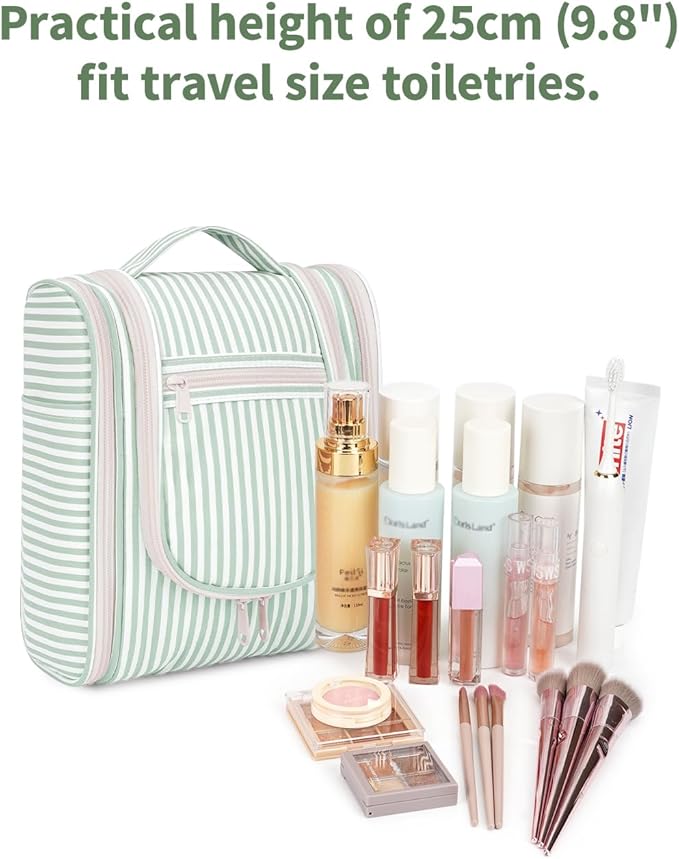 Narwey Small Striped Hanging Travel Toiletry Bag for Women, Travel Bag for Toiletries, Makeup Bag Organizer Cosmetic Bags Make Up Bags for Women (Mint Green Stripe)