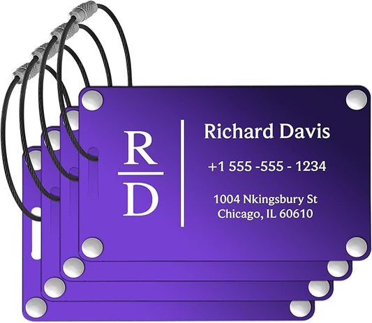 Luggage Tags for Suitcases 4 Pack: Personalized Luggage Tags for Backpacks & Bags Tags with Coustomizable Texts (Purple)