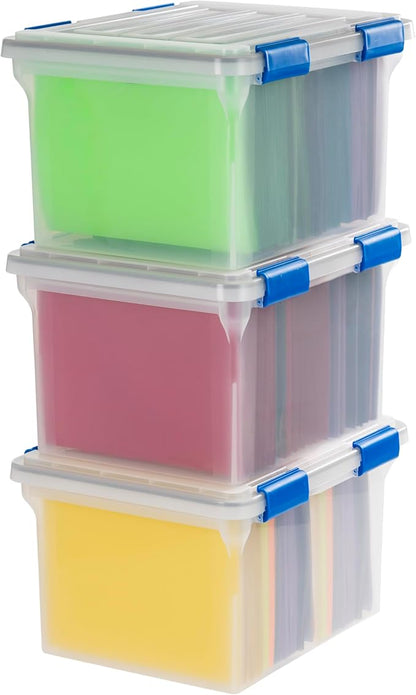 IRIS USA File Box, WeatherPro File Organizer for Letter/Legal File, Water Resistant Document Box, Plastic Gasket File Box With Tight Latch and Seal, Stackable Nestable, Clear/Blue 32 Qt. 3 Pack