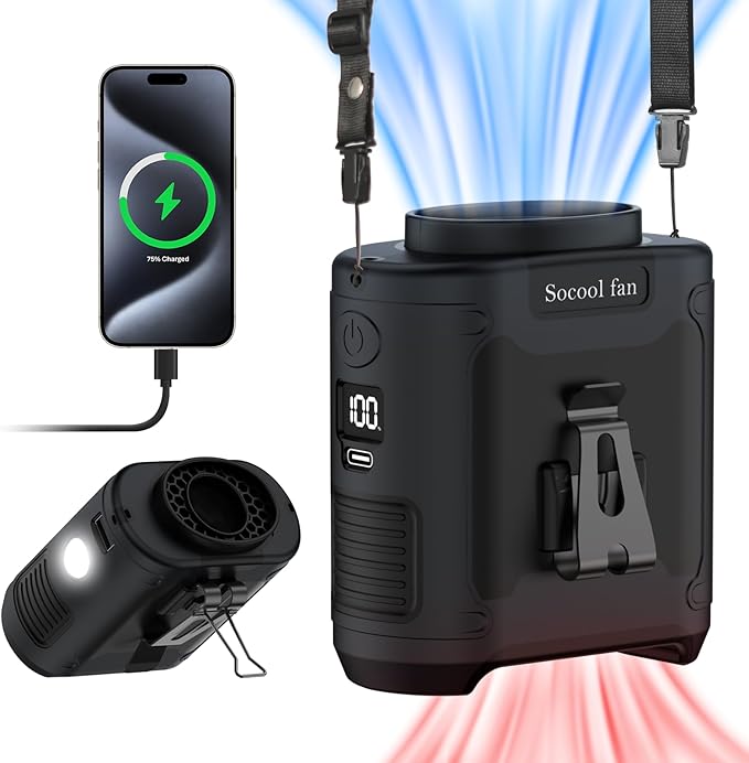 Socool 10000mAh Portable Waist Fan Clip on Wearable Belt Personal Fan Rechargeable Battery operated With 5 Speeds & Flashlight Neck Hands-Free 40H Cooling For Outdoor Camping Travel (Black)