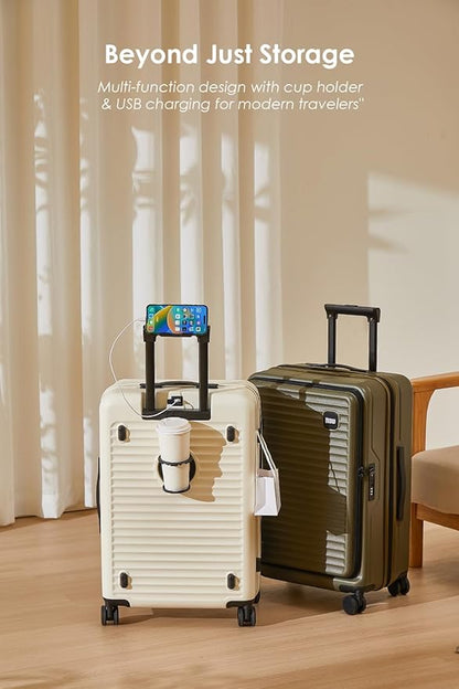 HotWay 24 Inch Expandable Front Opening Checked Luggage with Cup Phone Holder and USB Port, Lightweight Hardshell Suitcase with Wheels and TSA Aproved Locks
