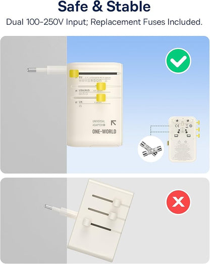 Baseus 70W Universal Travel Adapter with Retractable Cable, 6-in-1 International Plug Adapter, USB-C PD Fast Charging Worldwide Wall Charger for USA/EU/UK/AUS and Over 200 Countries (Off-White)