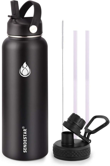 SENDESTAR Stainless Steel Water Bottle, Wide Mouth 32 oz Water Bottle with Straw Lid, Spout Lid, Double Wall Vacuum Insulated Leak Proof, Keeps Liquids Hot or Cold (Black)