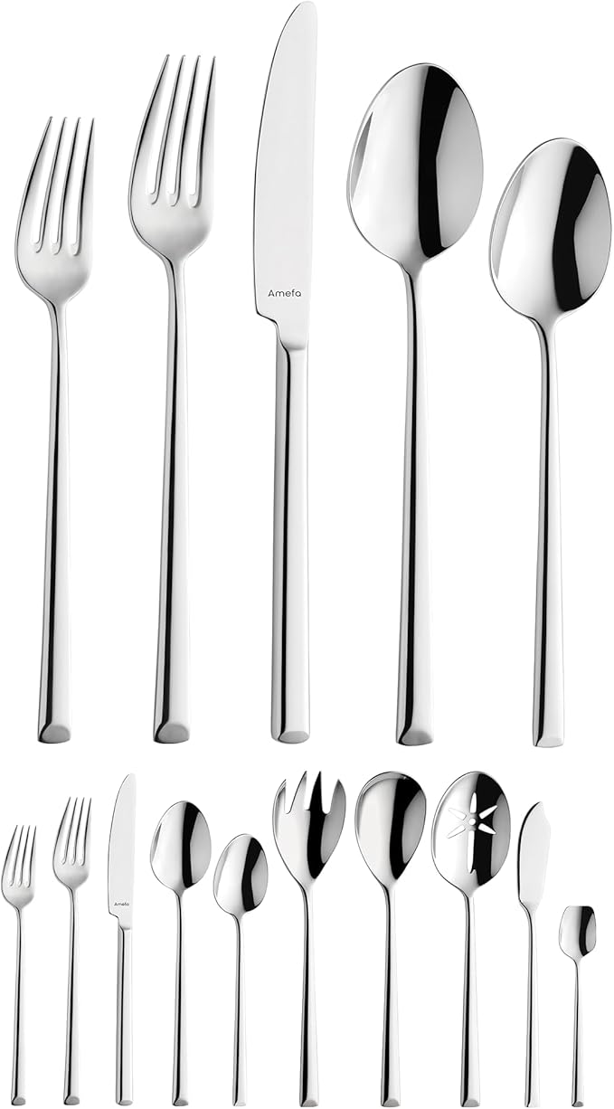 Amefa Metropole 45-Piece Flatware, Set for 8 – Stainless Steel Silverware, Polished Mirror Finish, Ergonomic Rust-Resistant Cutlery, Forks, Knives, Spoons, Salad Forks & Teaspoons for Dining & Parties