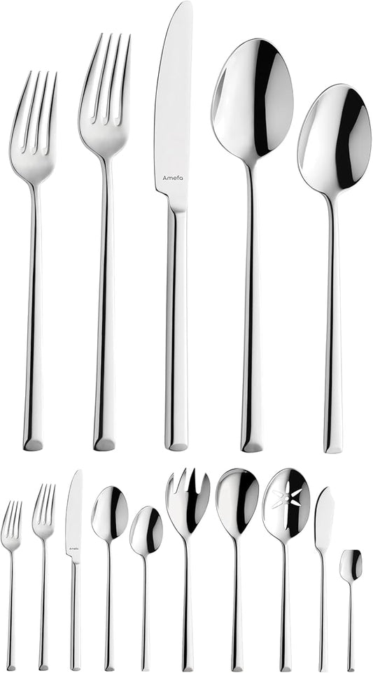 Amefa Metropole 45-Piece Flatware, Set for 8 – Stainless Steel Silverware, Polished Mirror Finish, Ergonomic Rust-Resistant Cutlery, Forks, Knives, Spoons, Salad Forks & Teaspoons for Dining & Parties