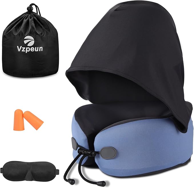 Neck Pillow for Travel - Hooded Memory Foam Plane Pillow for Airplane, Office, Cars Sleeping, Road Trip, Long Flights, Portable Plane Accessories, Includes Eye Mask & Earplugs Blue