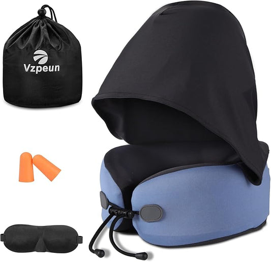 Neck Pillow for Travel - Hooded Memory Foam Plane Pillow for Airplane, Office, Cars Sleeping, Road Trip, Long Flights, Portable Plane Accessories, Includes Eye Mask & Earplugs Blue
